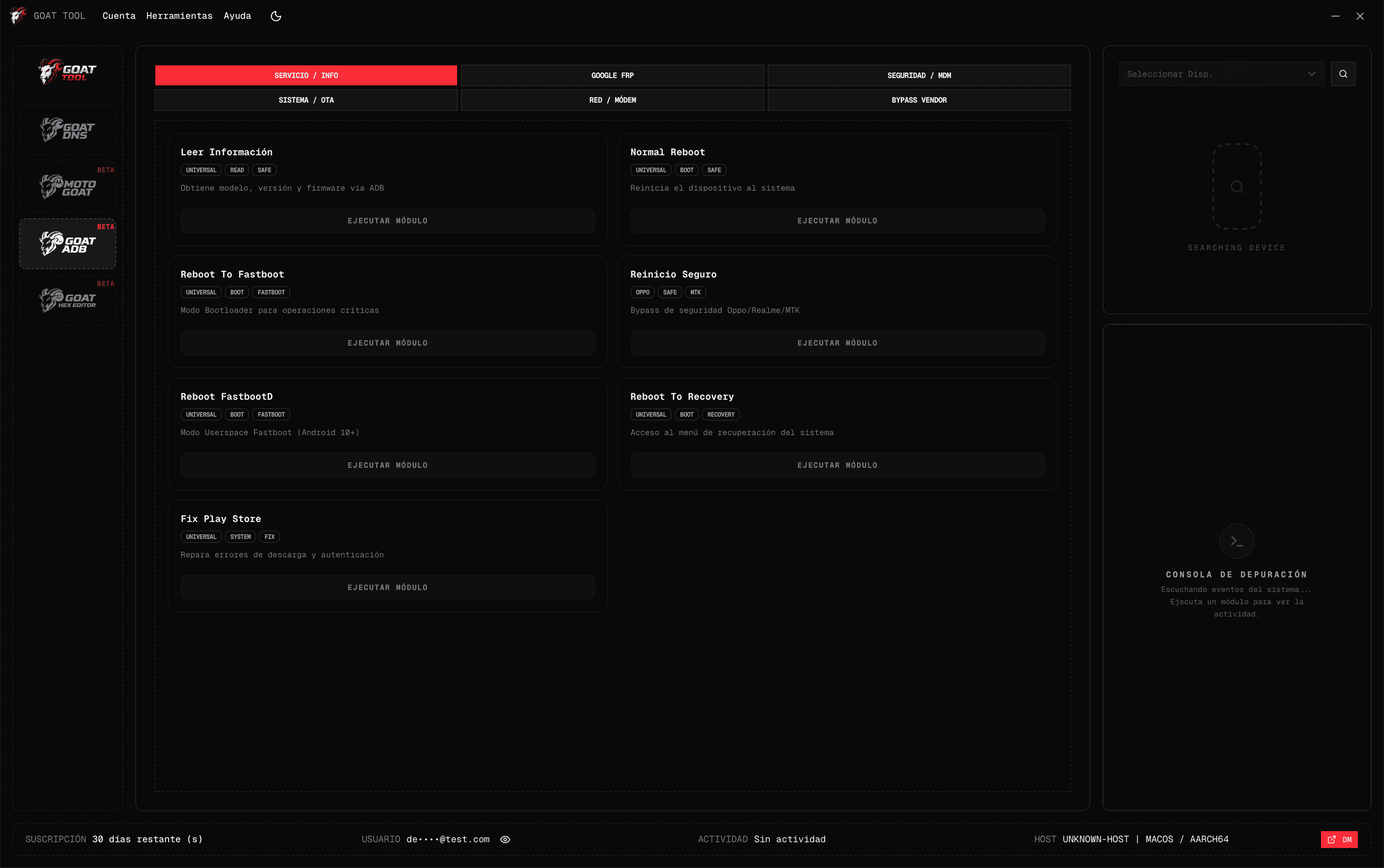 GoatADB interface with device information and Android service actions