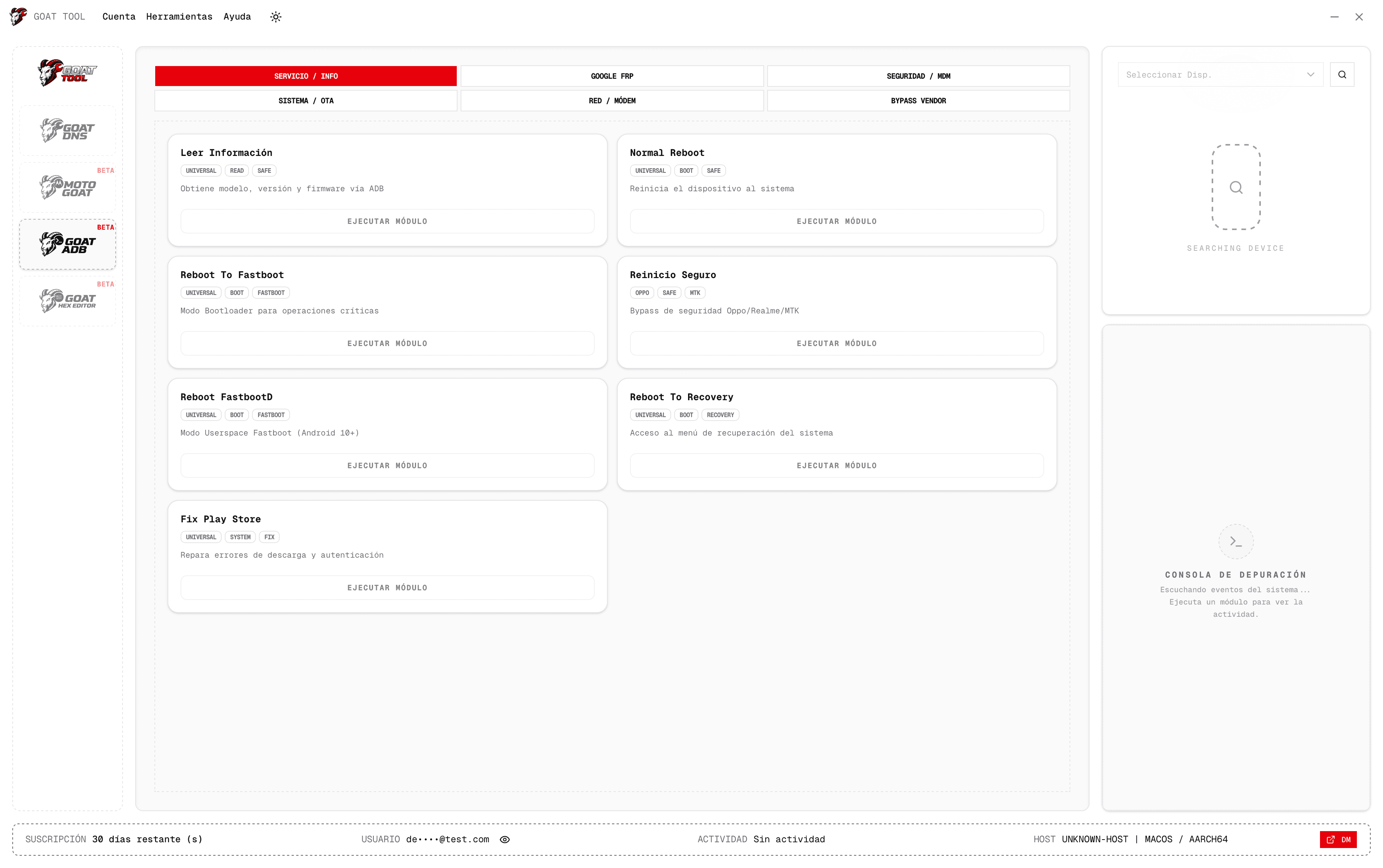 GoatADB interface with device information and Android service actions